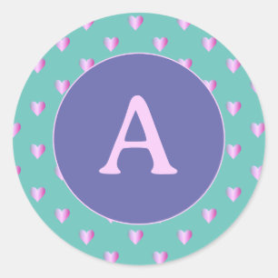 Personalized Monogram Heart Pattern Lilac Teal Classic Round Sticker