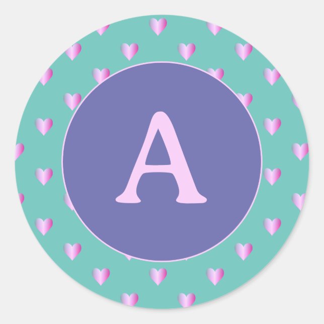 Personalized Monogram Heart Pattern Lilac Teal Classic Round Sticker (Front)
