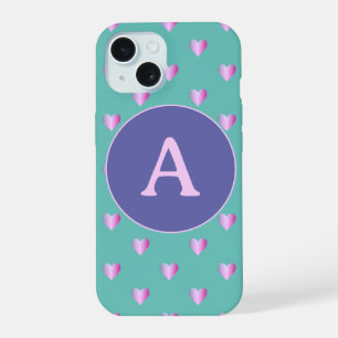 Personalized Monogram Heart Pattern Lilac Teal iPhone 15 Case