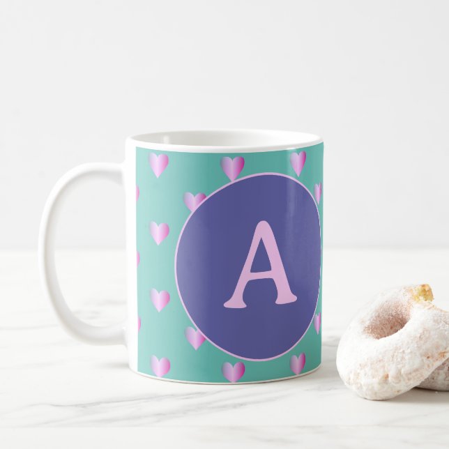 Personalized Monogram Hearts Lilac Teal Coffee Mug (With Donut)