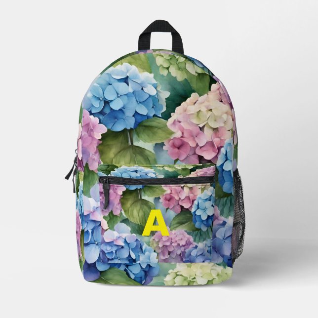 Personalized Monogram Hydrangea Flower Backpac Printed Backpack (Front)