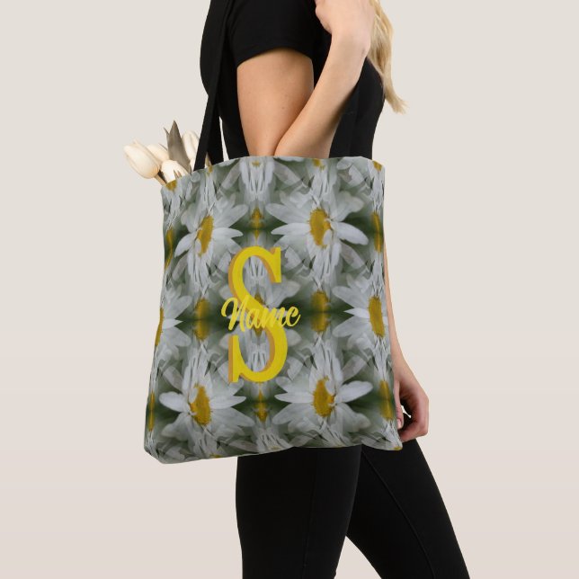 Personalized Monogram Initial Name Daisy Art Tote Bag (Close Up)