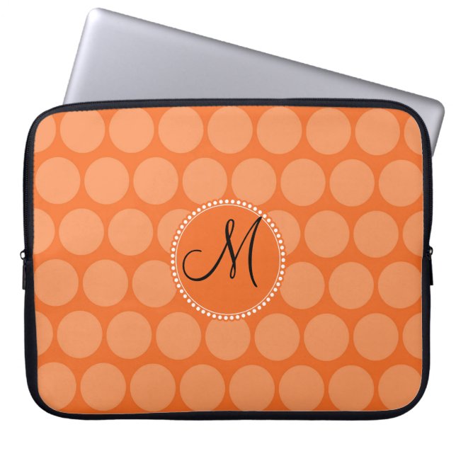 Personalized Monogram Initial Orange Polka Dots Laptop Sleeve (Front)