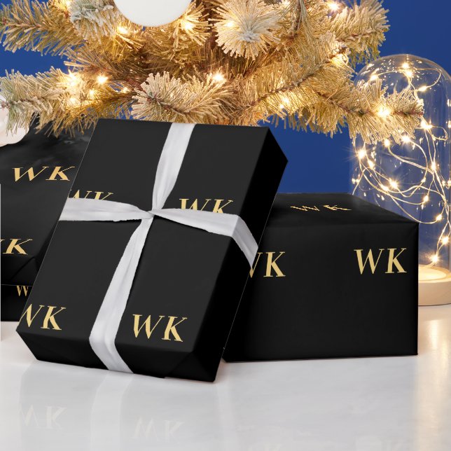 Personalized Monogram Initials Black and Gold Wrapping Paper (Holidays)