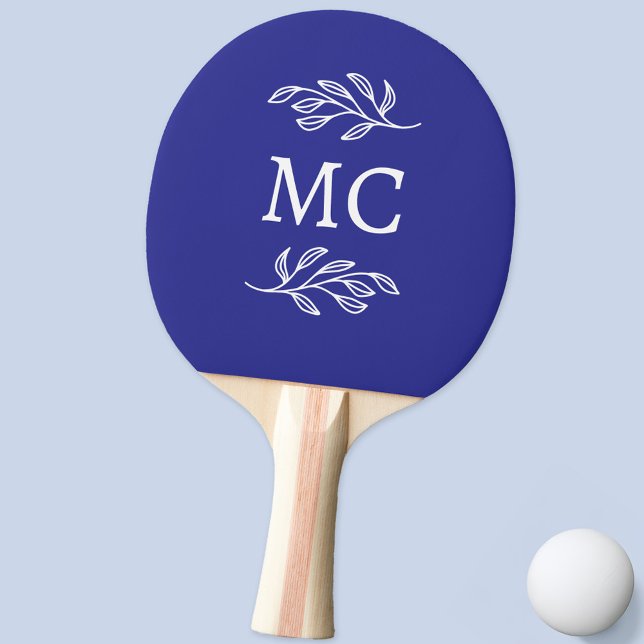 Personalized Monogram Initials Botanical Leaf Blue Ping Pong Paddle (Modern personalized monogram initials botanical leaf line art ping pong paddle)
