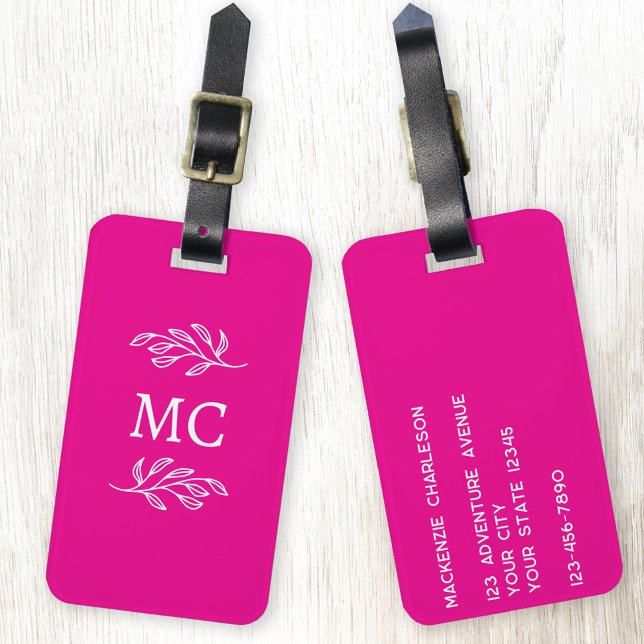 Personalized Monogram Initials Botanical Leaf Pink Luggage Tag (Personalized monogram initial botanical leaf art minimalist hot pink luggage tag)
