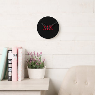 Personalized Monogram Initials Modern Black Red Round Clock