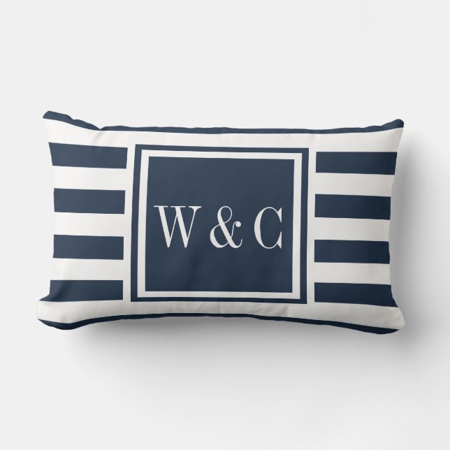 Personalized Monogram Initials Navy Blue Stripe Lumbar Pillow (Front)