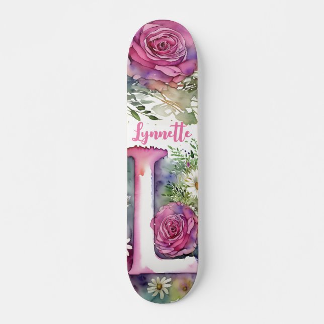 Personalized Monogram L Colourful Watercolor Flowe Skateboard (Front)