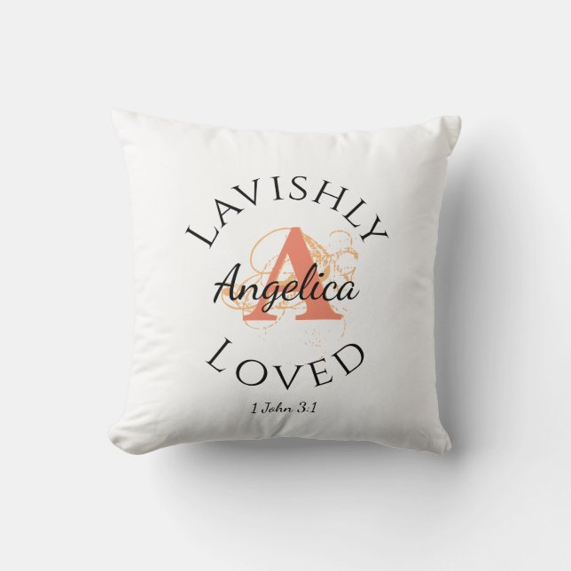Personalized Monogram LAVISHLY LOVED Peach Throw Pillow (Front)