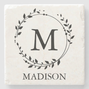 Personalized Monogram Leafy Wreath Stone Coaster