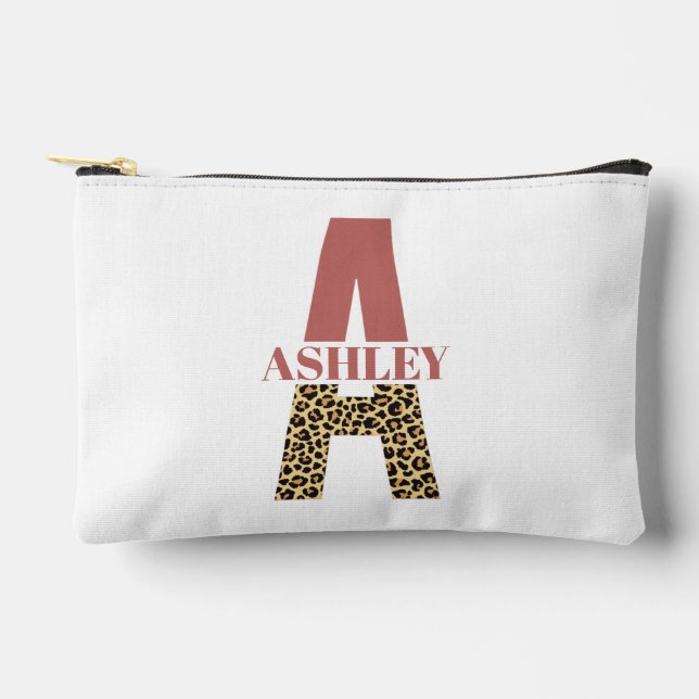Personalized Monogram Letter A Pink Leopard print Accessory Pouch (Front)