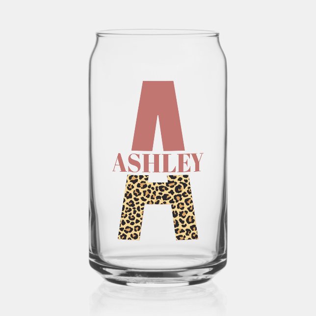 Personalized Monogram Letter A Pink Leopard print Can Glass (Front)