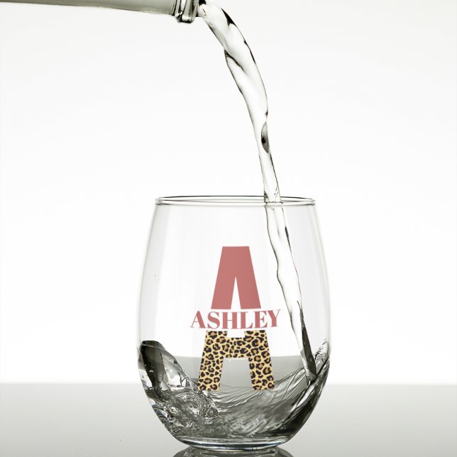 Personalized Monogram Letter A Pink Leopard print Stemless Wine Glass (Creator Uploaded)