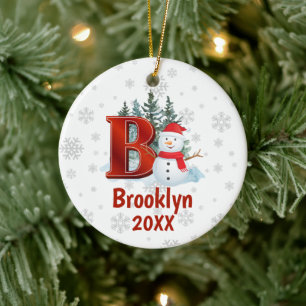 Personalized Monogram Letter B Snowman Ceramic Ornament