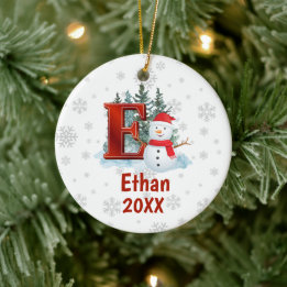Personalized Monogram Letter E Snowman Christmas Ceramic Ornament