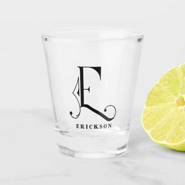 Personalized Monogram Letter E with Last Name Shot Glass (Front)