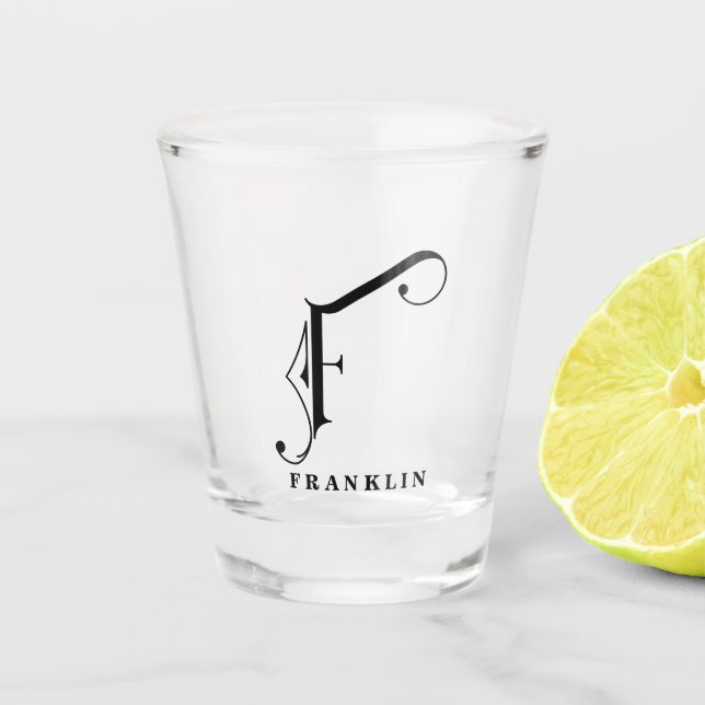 Personalized Monogram Letter F with Last Name Shot Glass (Front)