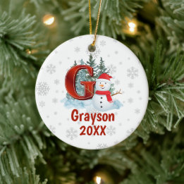 Personalized Monogram Letter G Snowman Christmas Ceramic Ornament