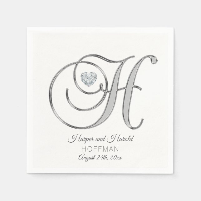 Personalized Monogram Letter H Silver Wedding Napkin (Front)