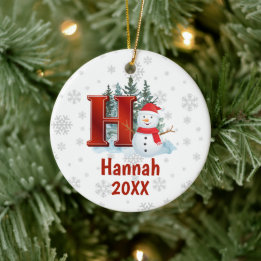 Personalized Monogram Letter H Snowman Christmas Ceramic Ornament