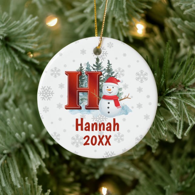 Personalized Monogram Letter H Snowman Christmas Ceramic Ornament (Tree)