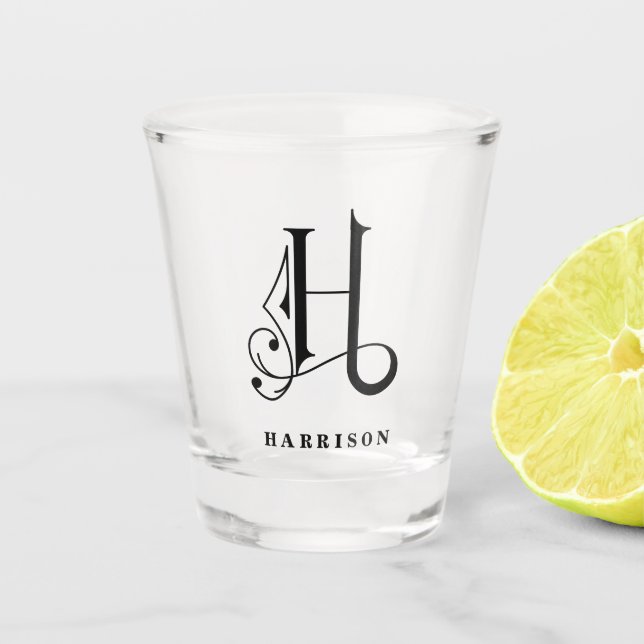Personalized Monogram Letter H with Last Name Shot Glass (Front)