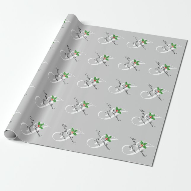 Personalized monogram letter J chic grey Christmas Wrapping Paper (Unrolled)