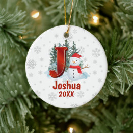 Personalized Monogram Letter J Snowman Christmas Ceramic Ornament