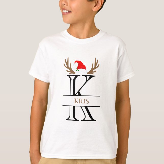  Personalized Monogram Letter K Antlers Xmas T-Shirt (Front)