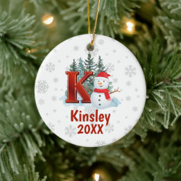 Personalized Monogram Letter K Snowman Christmas Ceramic Ornament