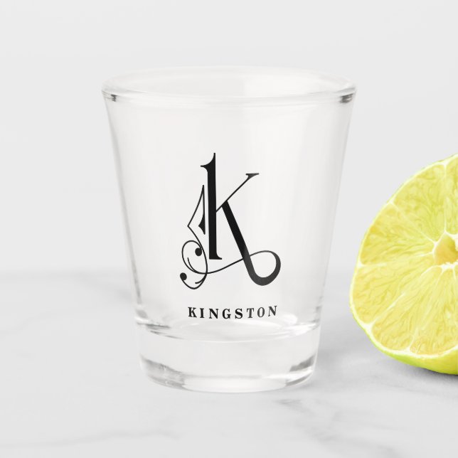 Personalized Monogram Letter K with Last Name Shot Glass (Front)