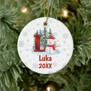 Personalized Monogram Letter L Snowman Christmas Ceramic Ornament