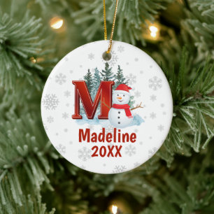 Personalized Monogram Letter M Snowman Christmas Ceramic Ornament