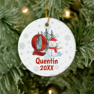 Personalized Monogram Letter Q Snowman Christmas Ceramic Ornament