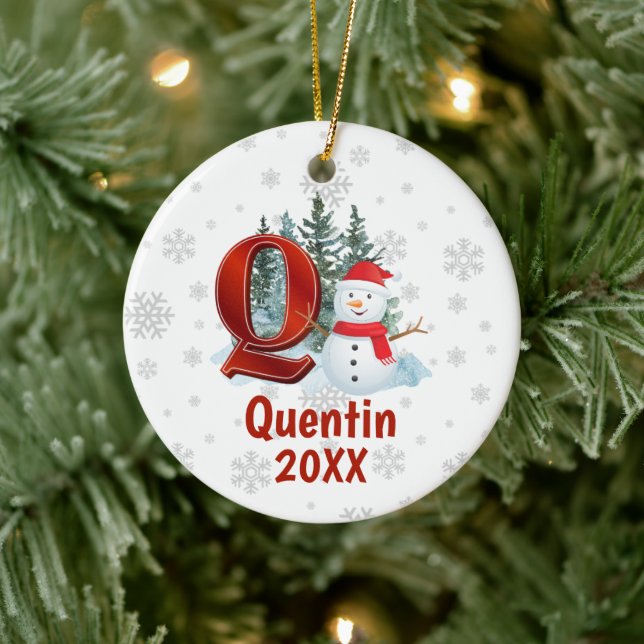 Personalized Monogram Letter Q Snowman Christmas Ceramic Ornament (Tree)
