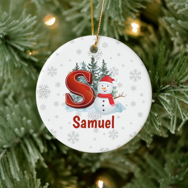 Personalized Monogram Letter S Snowman Christmas Ceramic Ornament (Tree)