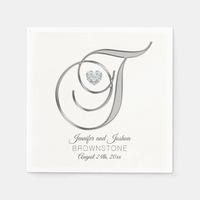 Personalized Monogram Letter T Silver Wedding Napkin (Front)