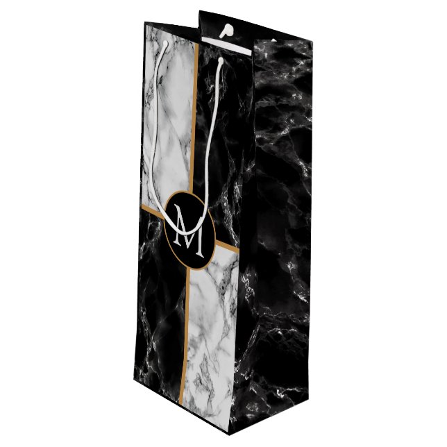 Personalized Monogram Letter Wine Gift Bag Marble (Back Angled)