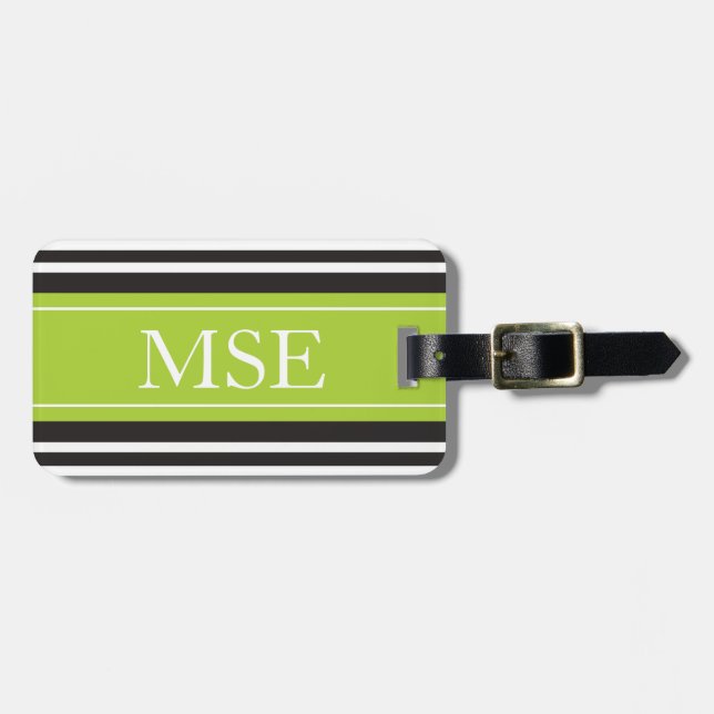 Personalized Monogram Lime Black Stripes Pattern Luggage Tag (Front Horizontal)
