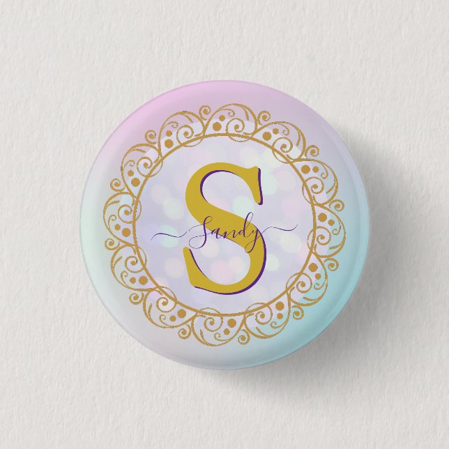 Personalized Monogram Mandala Gold and Blue 1 Inch Round Button (Front)