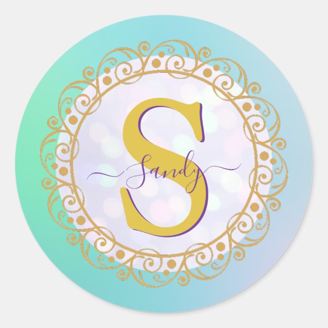 Personalized Monogram Mandala Gold and Blue Classic Round Sticker (Front)