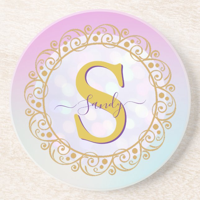 Personalized Monogram Mandala Gold and Blue Coaster (Front)