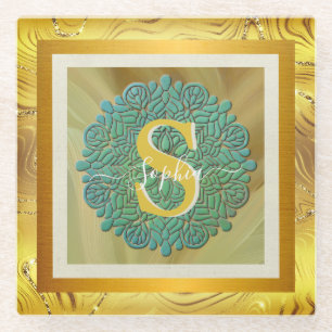 Personalized Monogram Mandala Gold and Blue Glass Coaster
