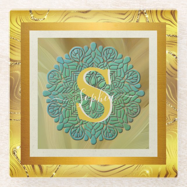 Personalized Monogram Mandala Gold and Blue Glass Coaster (Front)