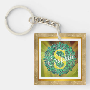Personalized Monogram Mandala Gold and Blue Keychain