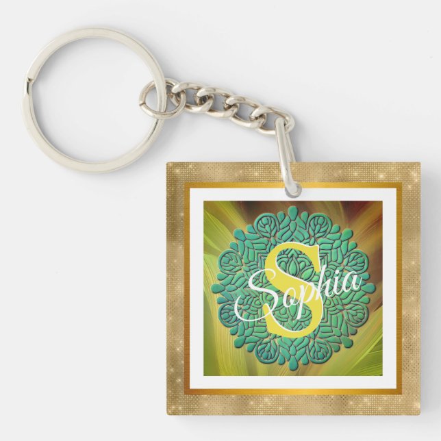 Personalized Monogram Mandala Gold and Blue Keychain (Front)