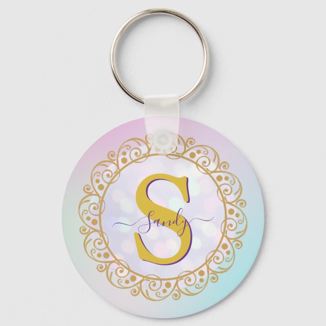 Personalized Monogram Mandala Gold and Blue Keychain (Front)