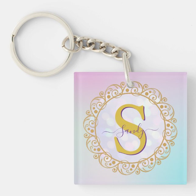 Personalized Monogram Mandala Gold and Blue Keychain (Front)