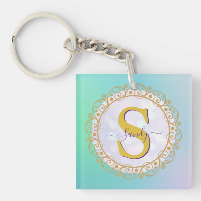 Personalized Monogram Mandala Gold and Blue Keychain (Front)